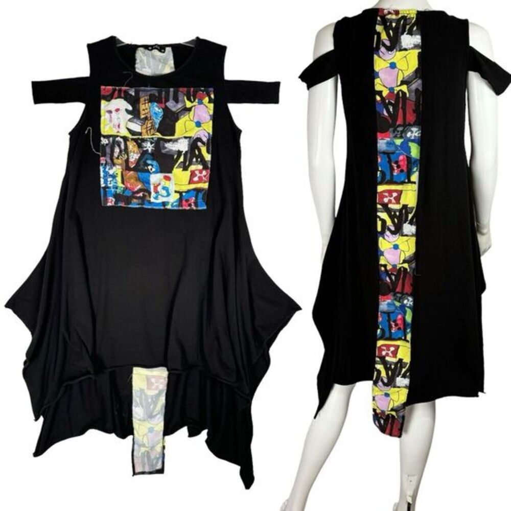 Souchi Black T Shirt Dress Size XS S Asymmetric Art Oversized‎ Goth Grunge Anime